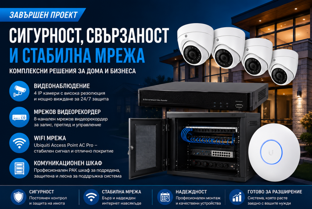 Система за видеонаблюдение с 4 IP камери, 8-канален мрежов видеорекордер и комуникационен шкаф